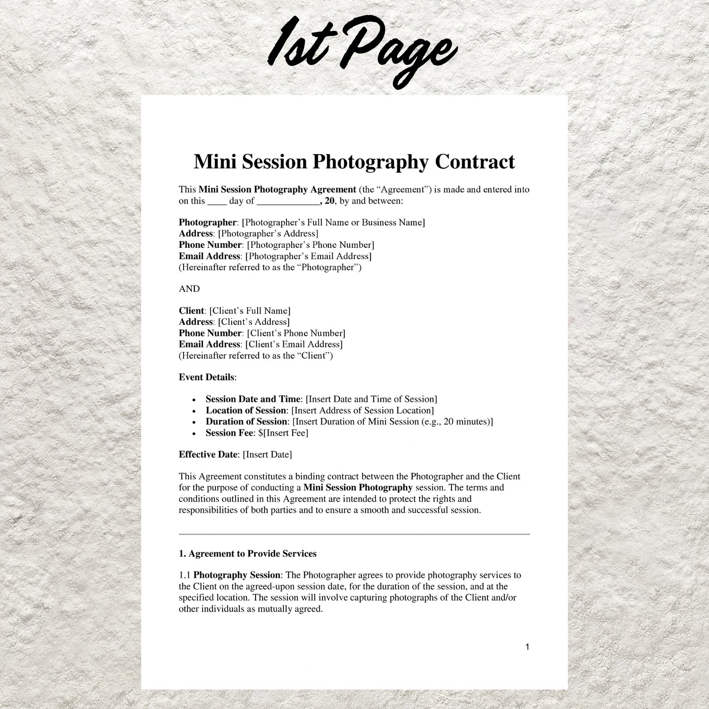 Mini Session Photography Contract Template Editable Mini Session Photography Service Agreement Printable Mini Session Photography Client