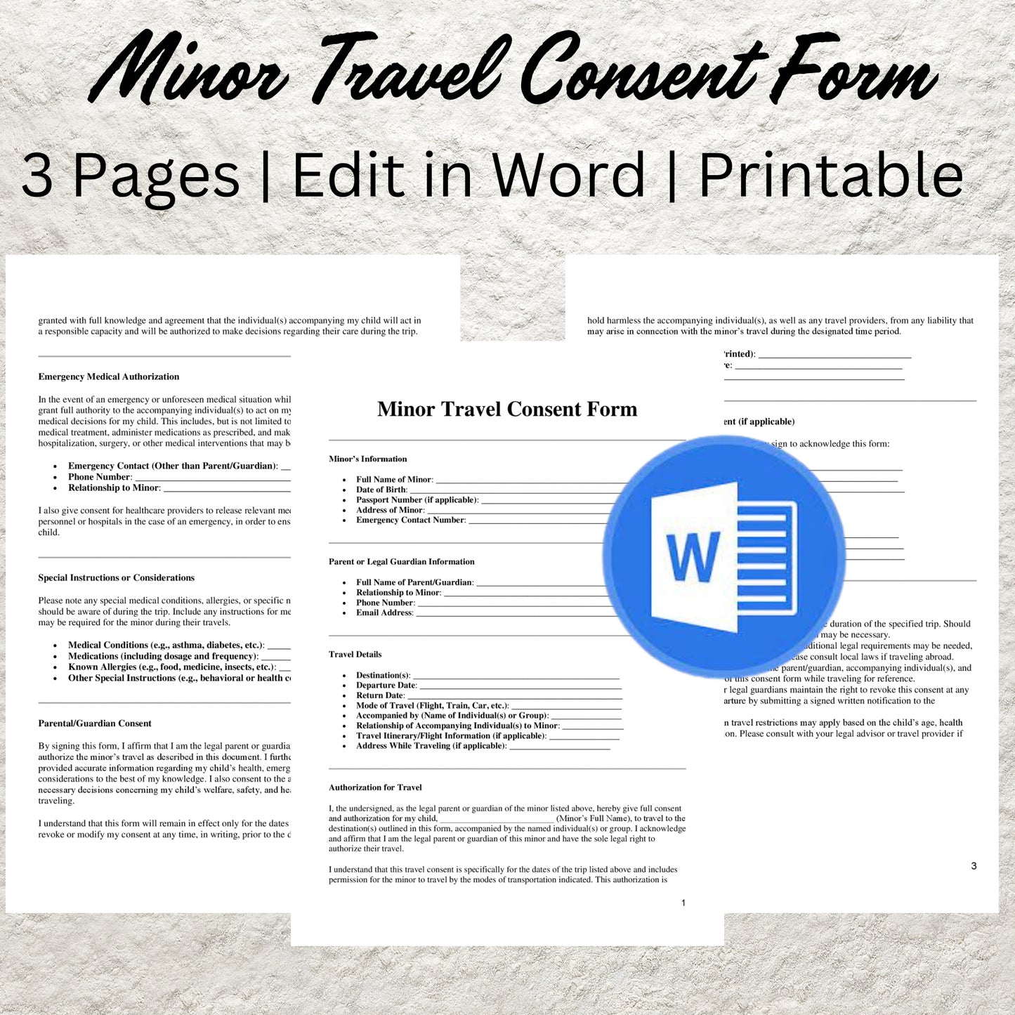 Minor Travel Consent Form Template Editable Child Travel Authorization Form Printable Child Travel Permission Parental Consent for Travel