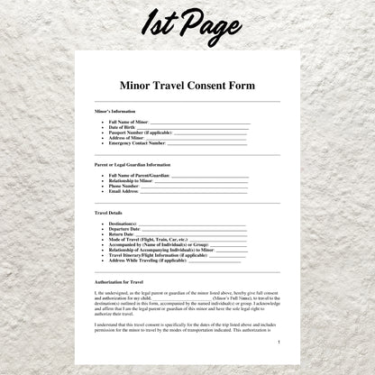 Minor Travel Consent Form Template Editable Child Travel Authorization Form Printable Child Travel Permission Parental Consent for Travel