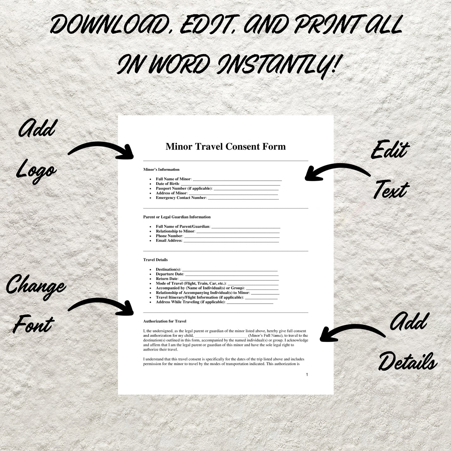 Minor Travel Consent Form Template Editable Child Travel Authorization Form Printable Child Travel Permission Parental Consent for Travel