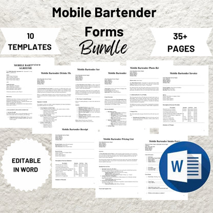 Mobile Bar Business Forms Bundle Editable Bartender Contract Printable Bartending Service Agreement Mobile Bartender Service Packages