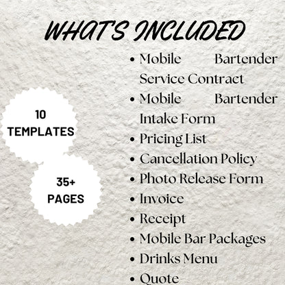 Mobile Bar Business Forms Bundle Editable Bartender Contract Printable Bartending Service Agreement Mobile Bartender Service Packages