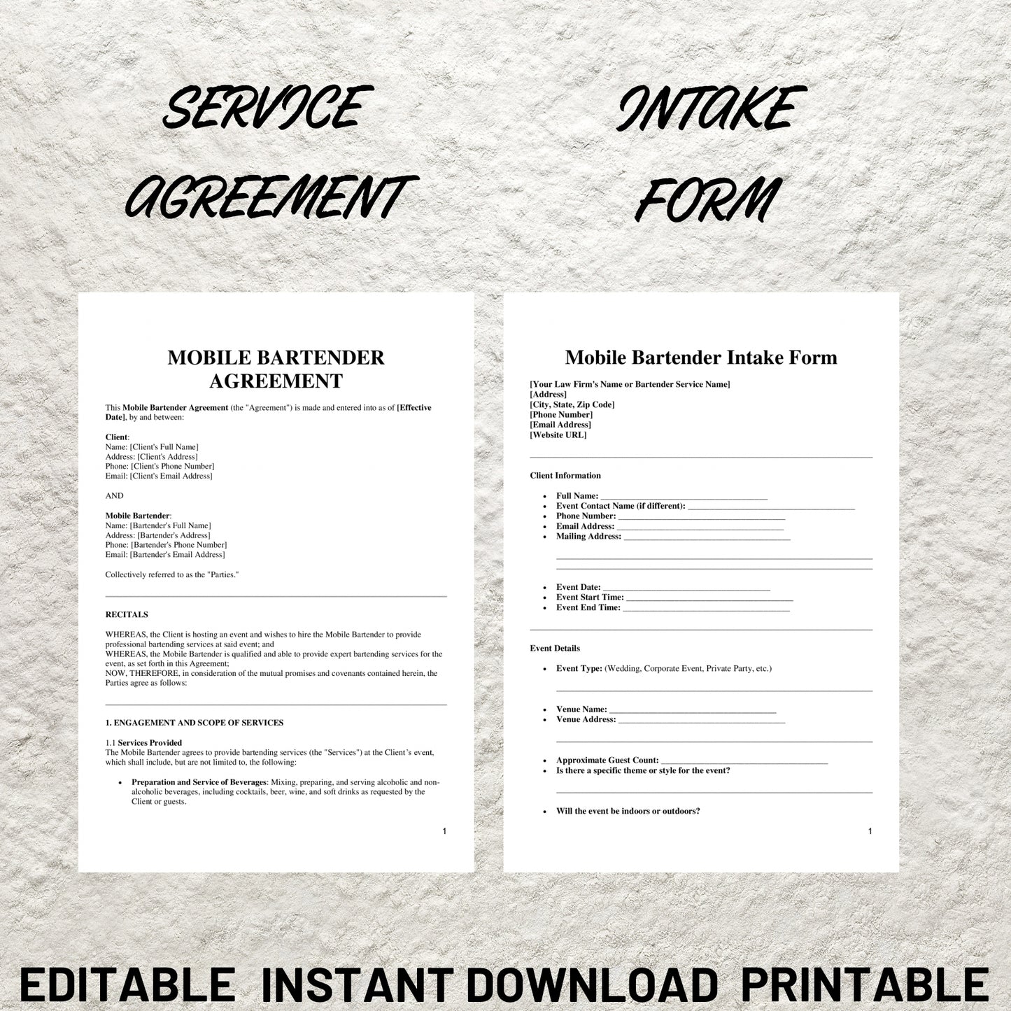 Mobile Bar Business Forms Bundle Editable Bartender Contract Printable Bartending Service Agreement Mobile Bartender Service Packages