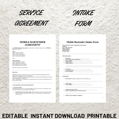 Mobile Bar Business Forms Bundle Editable Bartender Contract Printable Bartending Service Agreement Mobile Bartender Service Packages