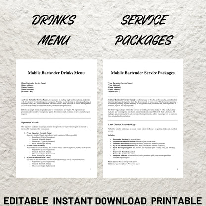 Mobile Bar Business Forms Bundle Editable Bartender Contract Printable Bartending Service Agreement Mobile Bartender Service Packages