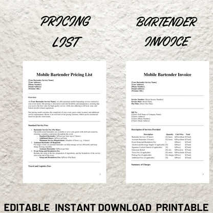 Mobile Bar Business Forms Bundle Editable Bartender Contract Printable Bartending Service Agreement Mobile Bartender Service Packages