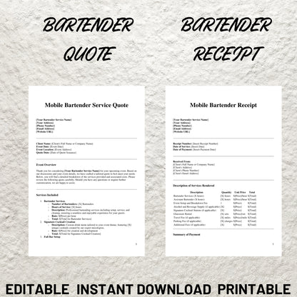 Mobile Bar Business Forms Bundle Editable Bartender Contract Printable Bartending Service Agreement Mobile Bartender Service Packages