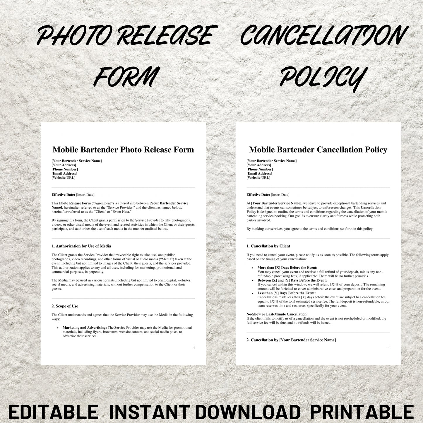 Mobile Bar Business Forms Bundle Editable Bartender Contract Printable Bartending Service Agreement Mobile Bartender Service Packages