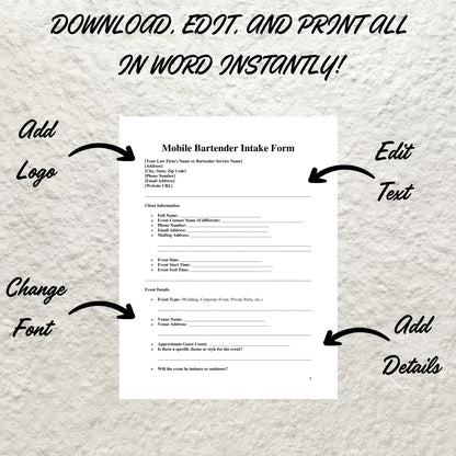 Mobile Bar Business Forms Bundle Editable Bartender Contract Printable Bartending Service Agreement Mobile Bartender Service Packages