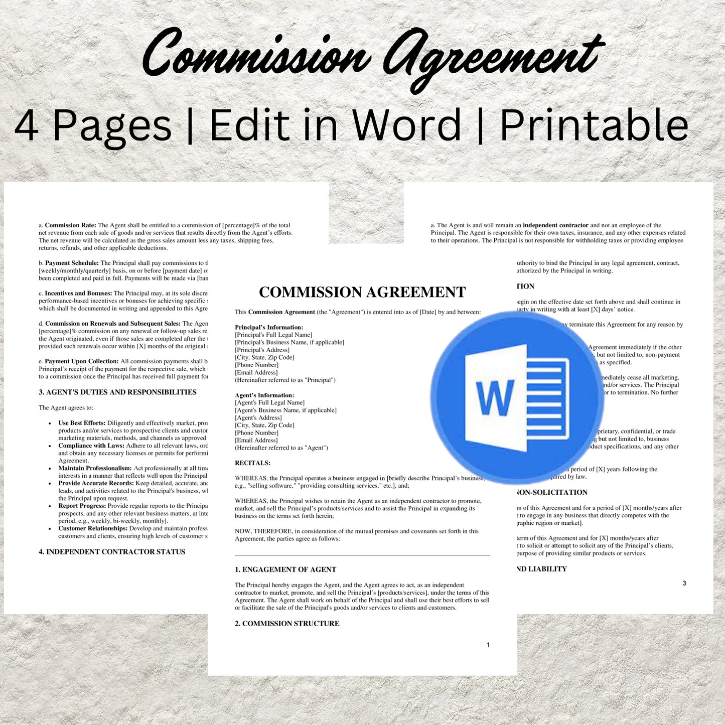 Commission Agreement Template Editable Commission Sales Agreement Printable Sales Employee Agreement Employee Contract Bonus Contract Form