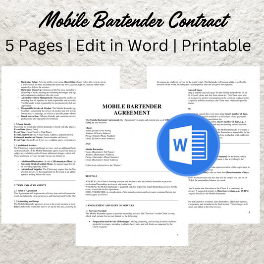 Mobile Bar Contract Template Editable Mobile Bar Service Agreement Printable Bartending Contract Event Bartending Service Contract Form