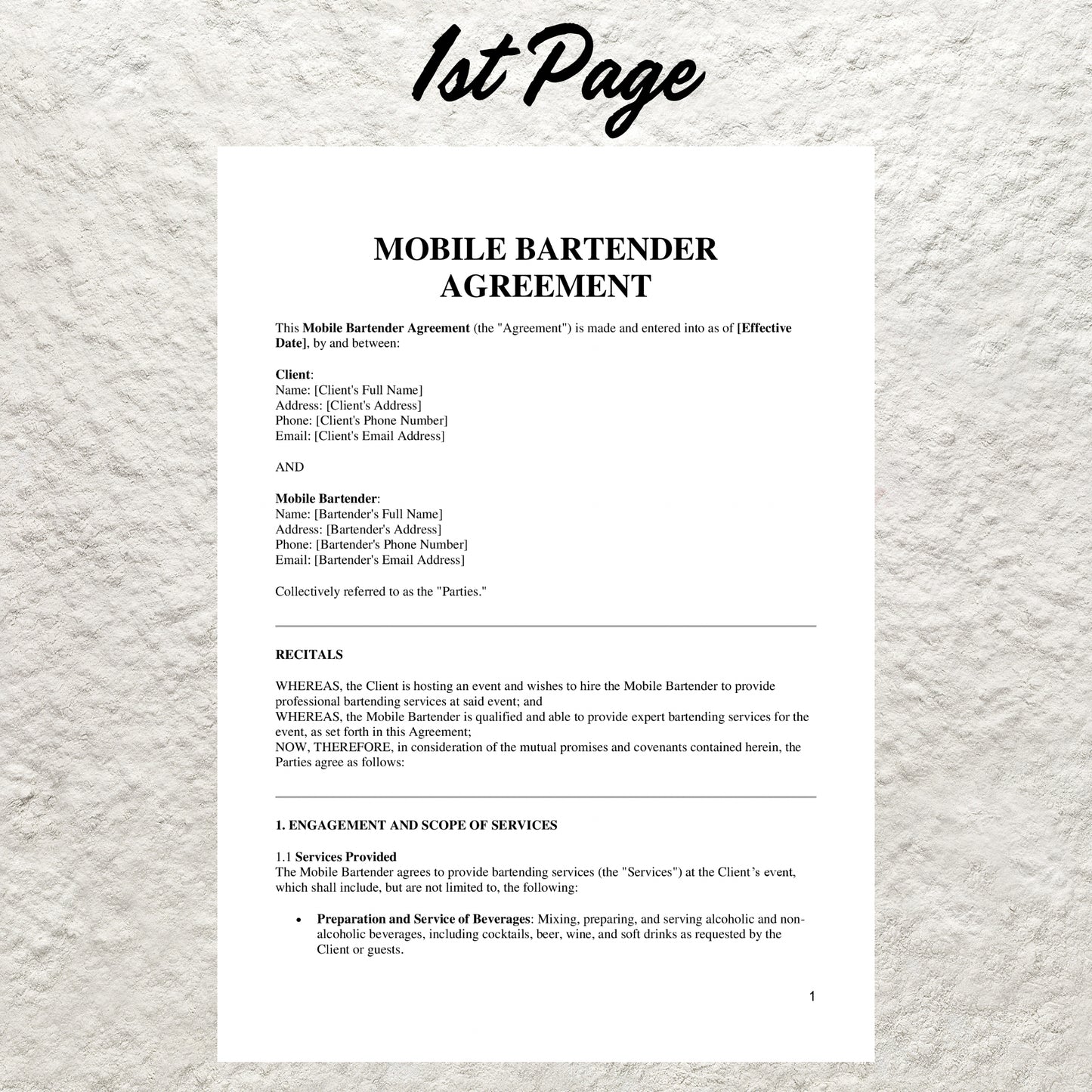 Mobile Bar Contract Template Editable Mobile Bar Service Agreement Printable Bartending Contract Event Bartending Service Contract Form