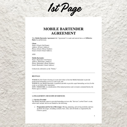 Mobile Bar Contract Template Editable Mobile Bar Service Agreement Printable Bartending Contract Event Bartending Service Contract Form