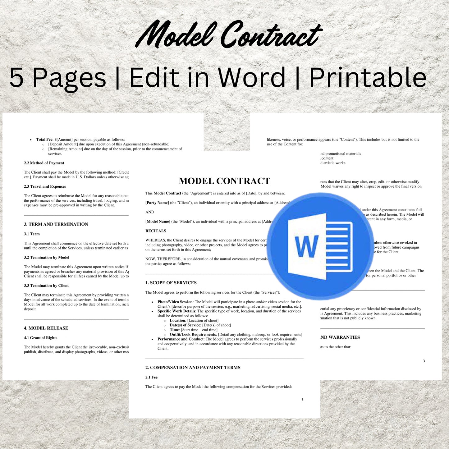 Model Contract Template Editable Model Service Agreement Form Printable Model Release Form Professional Modeling Business Service Form