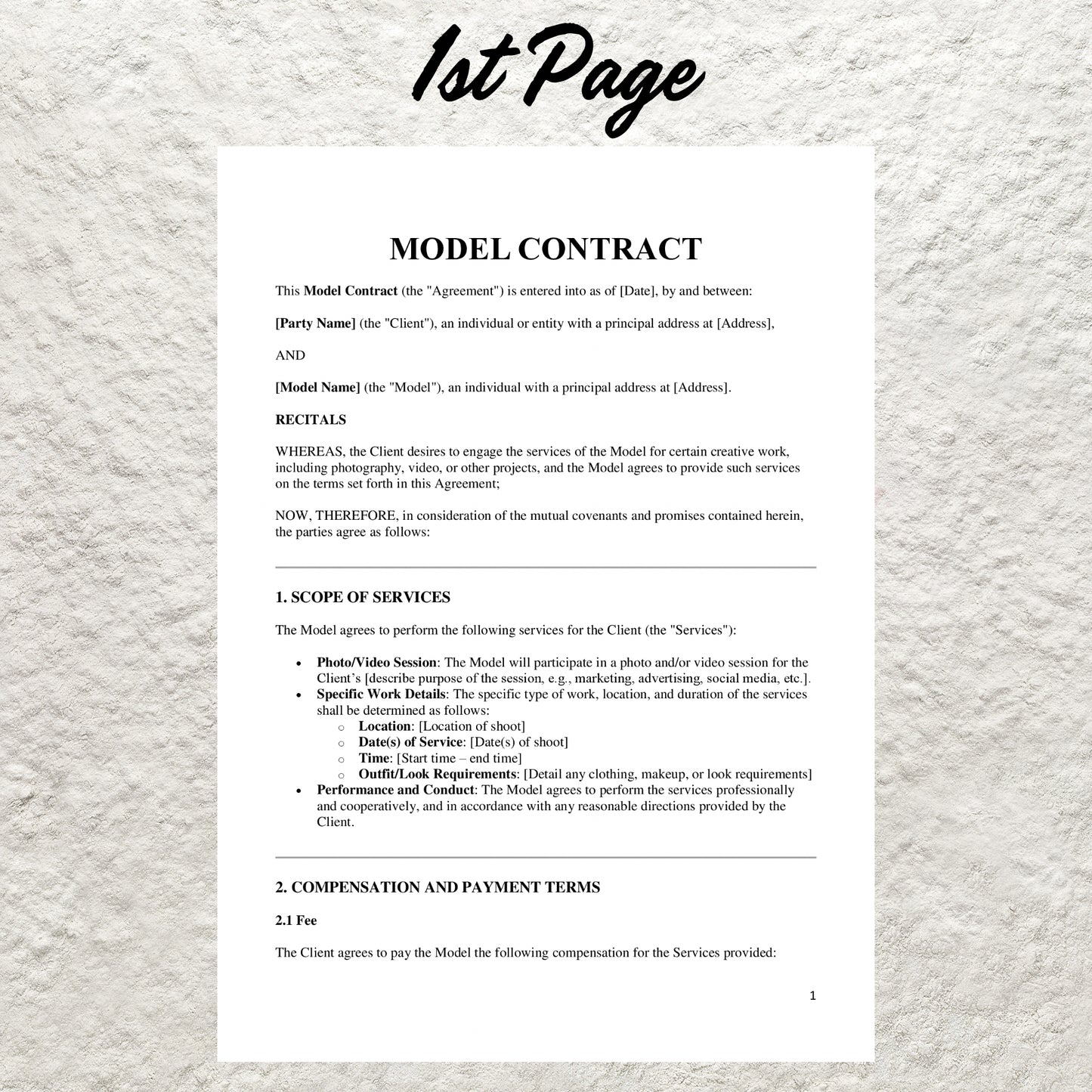 Model Contract Template Editable Model Service Agreement Form Printable Model Release Form Professional Modeling Business Service Form