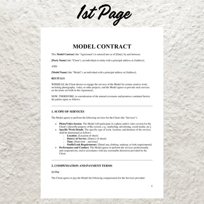 Model Contract Template Editable Model Service Agreement Form Printable Model Release Form Professional Modeling Business Service Form