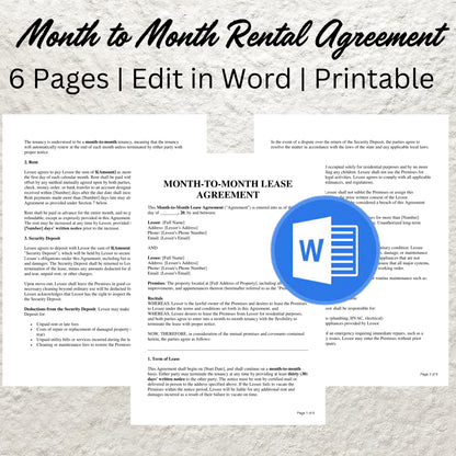 Month-to-Month Rental Agreement Template Editable Month-to-Month Rental Lease Agreement Printable Simple Lease Contract Landlord Forms