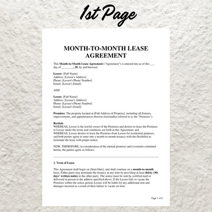 Month-to-Month Rental Agreement Template Editable Month-to-Month Rental Lease Agreement Printable Simple Lease Contract Landlord Forms