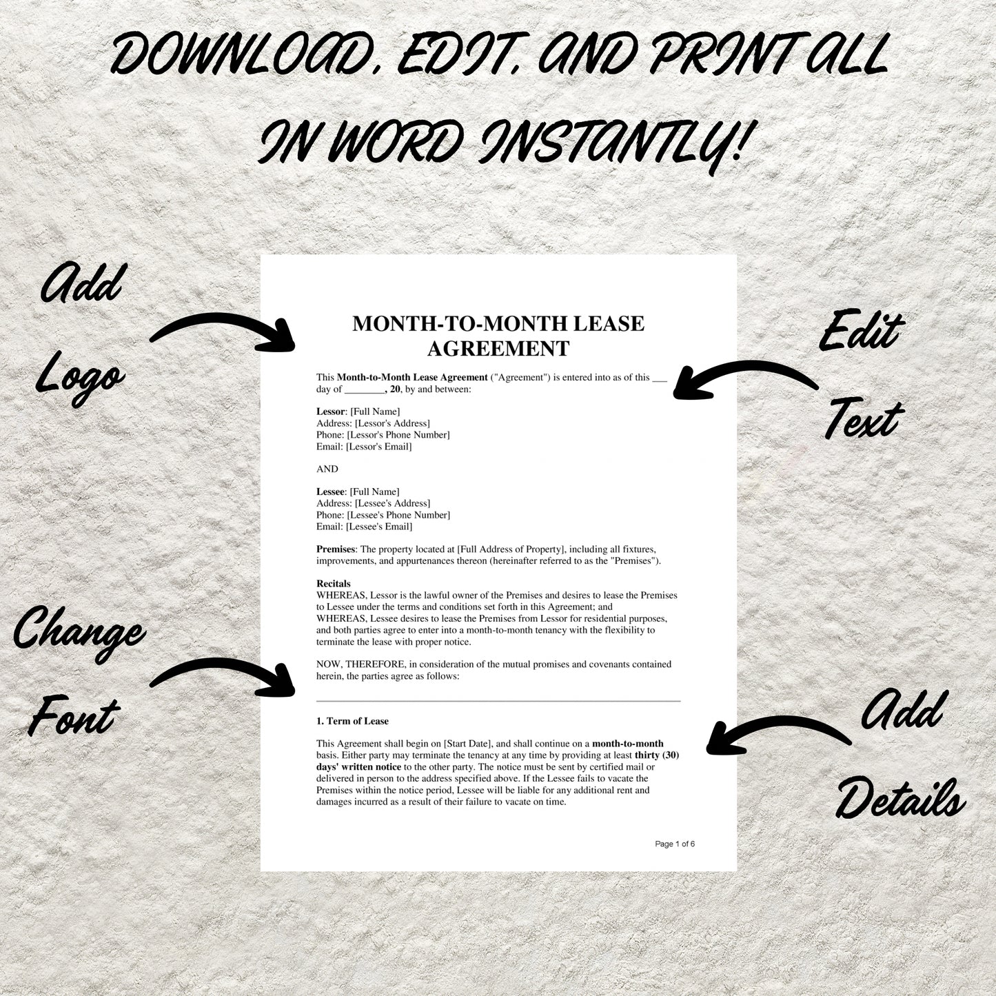 Month-to-Month Rental Agreement Template Editable Month-to-Month Rental Lease Agreement Printable Simple Lease Contract Landlord Forms