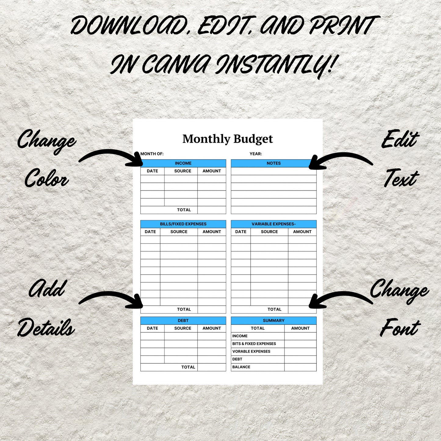 Monthly Budget Planner Template Printable Budget Tracker Finance Overview Financial Journal Editable Monthly Budget Sheet Expense Income