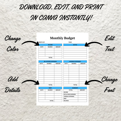 Monthly Budget Planner Template Printable Budget Tracker Finance Overview Financial Journal Editable Monthly Budget Sheet Expense Income