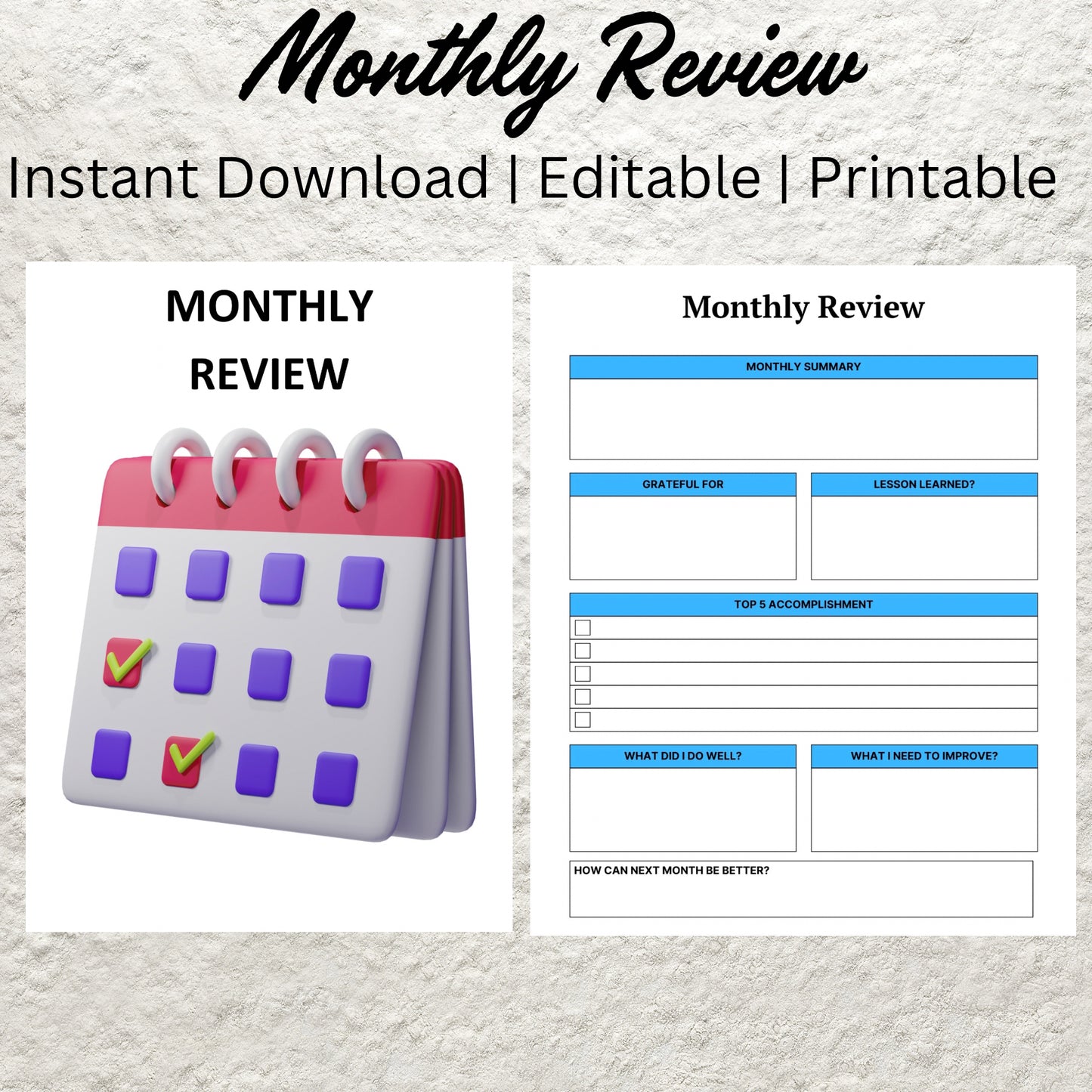 Monthly Review Template Printable Monthly Reflection Journal Editable Monthly Evolution Monthly Summary Monthly Check In Gratitude Planner