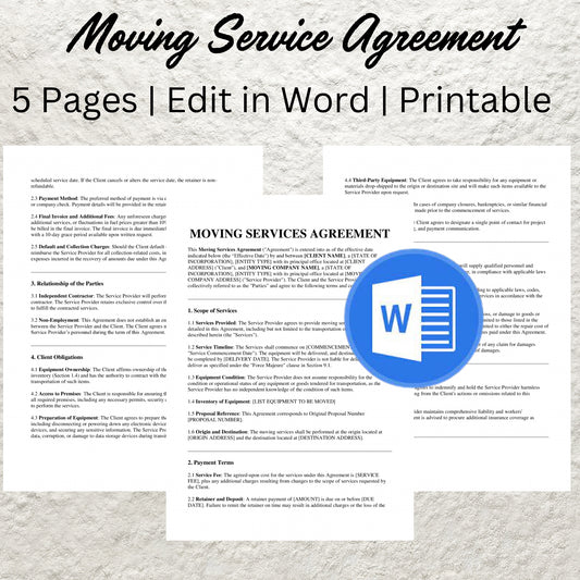 Moving Contract Template Editable Professional Moving Services Agreement Printable Moving Company Agreement Contract Moving Business Forms