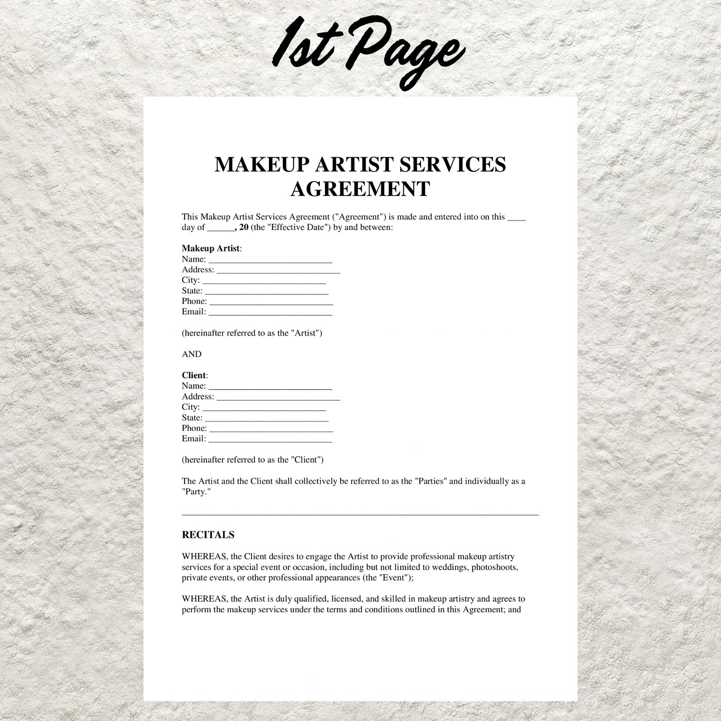 MUA Makeup Artist Contract Template Editable Makeup Service Contract Agreement Form Printable Wedding Bridal Makeup Artist Contract Form