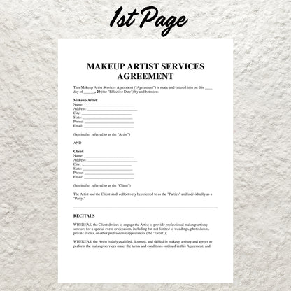 MUA Makeup Artist Contract Template Editable Makeup Service Contract Agreement Form Printable Wedding Bridal Makeup Artist Contract Form