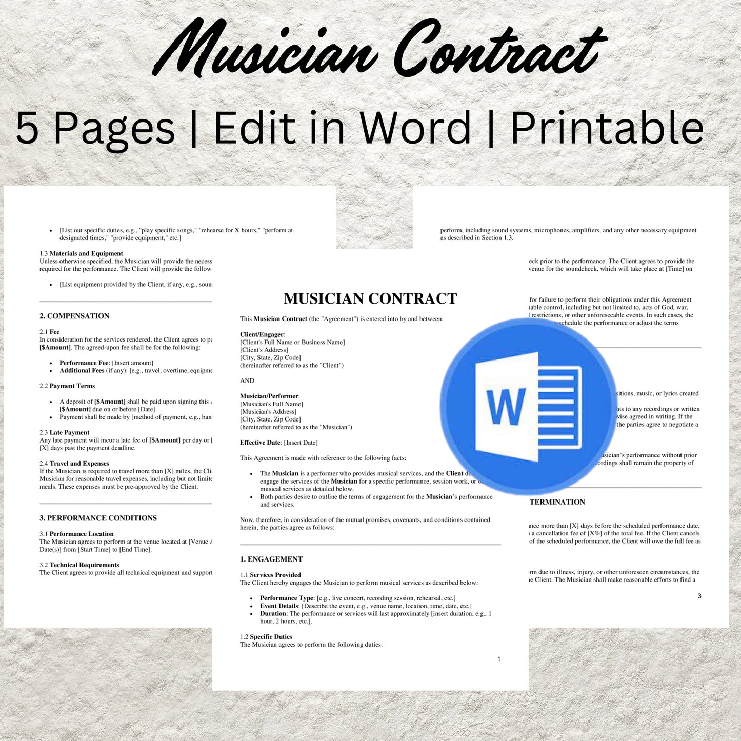 Musician Contract Template Editable Music Artist Service Agreement Printable Musician Live Performance Agreement Professional Musician Form