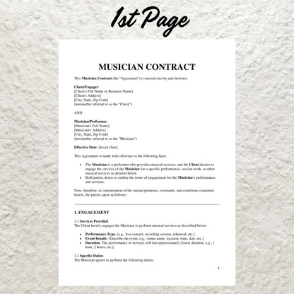 Musician Contract Template Editable Music Artist Service Agreement Printable Musician Live Performance Agreement Professional Musician Form