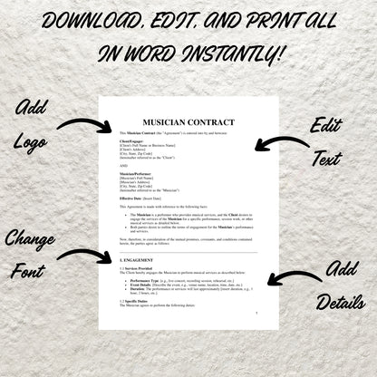 Musician Contract Template Editable Music Artist Service Agreement Printable Musician Live Performance Agreement Professional Musician Form