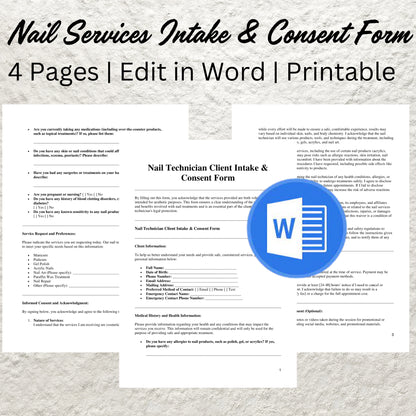 Nail Consent Form Template Editable Nail Technician Client Intake Form Printable Nail Tech Consultation Form Manicure & Pedicure Nail Form