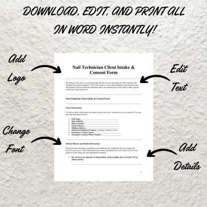 Nail Consent Form Template Editable Nail Technician Client Intake Form Printable Nail Tech Consultation Form Manicure & Pedicure Nail Form