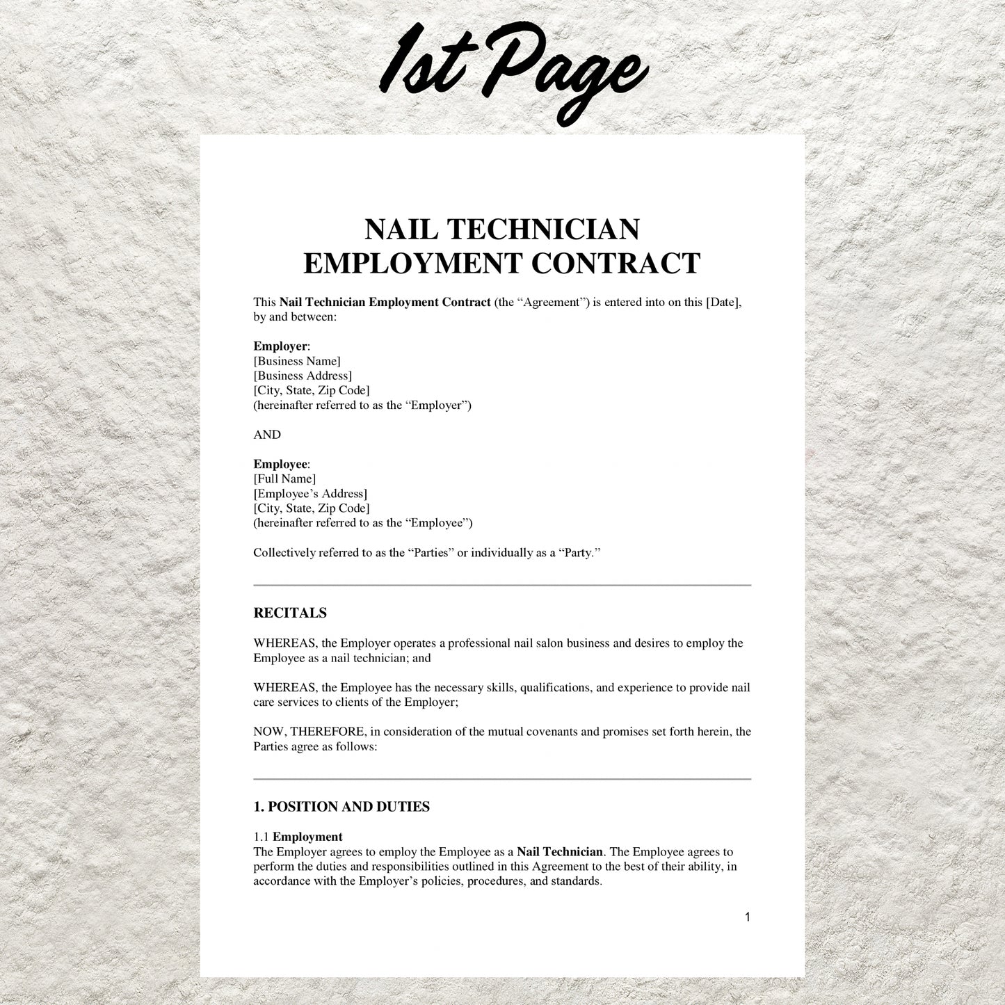 Nail Technician Employment Contract Template Editable Nail Tech Employment Agreement Printable Nail Salon Employee Contract Nail Tech Form