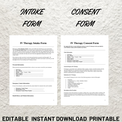 IV Therapy Forms Template Bundle Editable IV Therapy Intake Form Printable IV Therapy Consent Form Intravenous Therapy Consultation Form