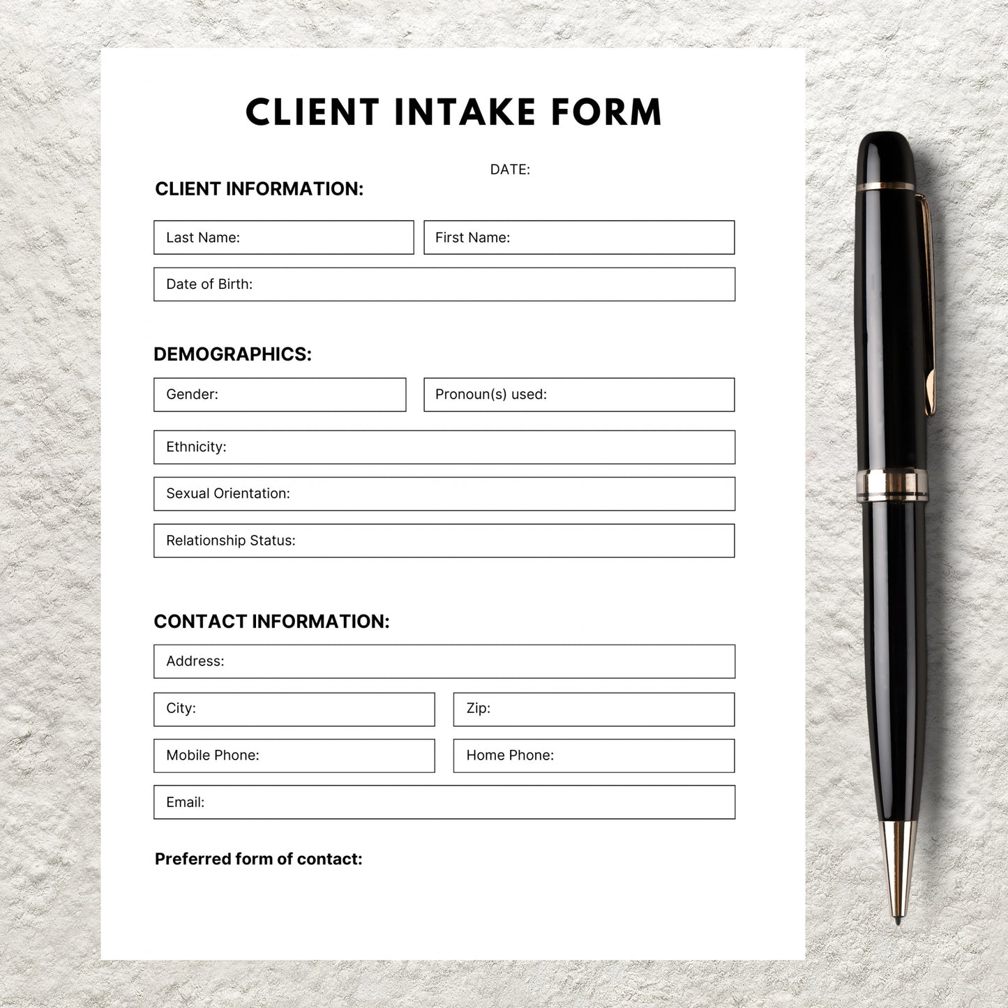 New Client Intake Sheet Form Canva Template Client Questionaire Printable Therapy Sign Up Form Counseling Signup Client Therapy Forms