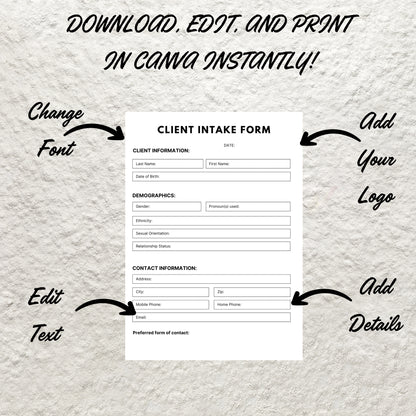 New Client Intake Sheet Form Canva Template Client Questionaire Printable Therapy Sign Up Form Counseling Signup Client Therapy Forms