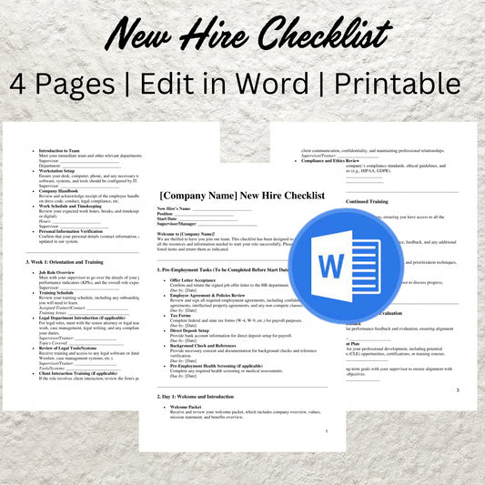 New Hire Checklist Template Editable Employee Onboarding Checklist Printable New Employee Checklist New Hire Paperwork Form HR Template