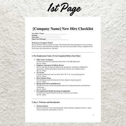 New Hire Checklist Template Editable Employee Onboarding Checklist Printable New Employee Checklist New Hire Paperwork Form HR Template