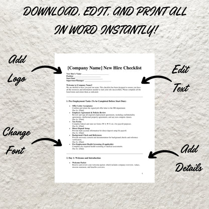 New Hire Checklist Template Editable Employee Onboarding Checklist Printable New Employee Checklist New Hire Paperwork Form HR Template