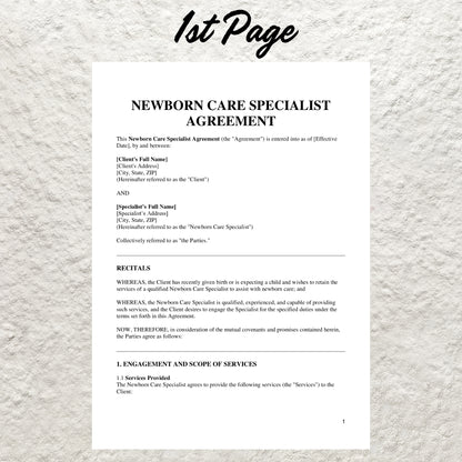 Newborn Care Specialist Service Agreement Template Editable Newborn Care Specialist Contract Printable Postpartum Baby Nurse Agreement Form