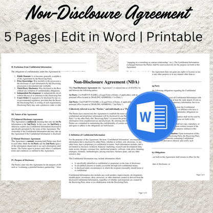 Non Disclosure Agreement Template Editable Confidentiality NDA Agreement Contract Simple Business Non Disclosure Confidentiality Agreement