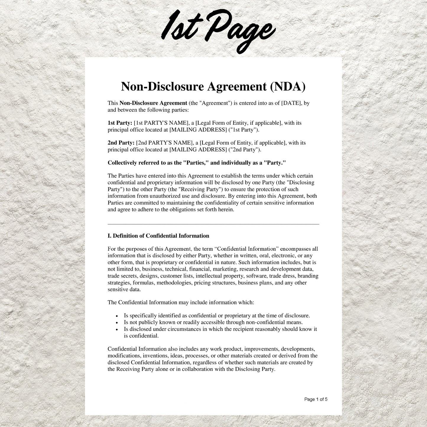 Non Disclosure Agreement Template Editable Confidentiality NDA Agreement Contract Simple Business Non Disclosure Confidentiality Agreement