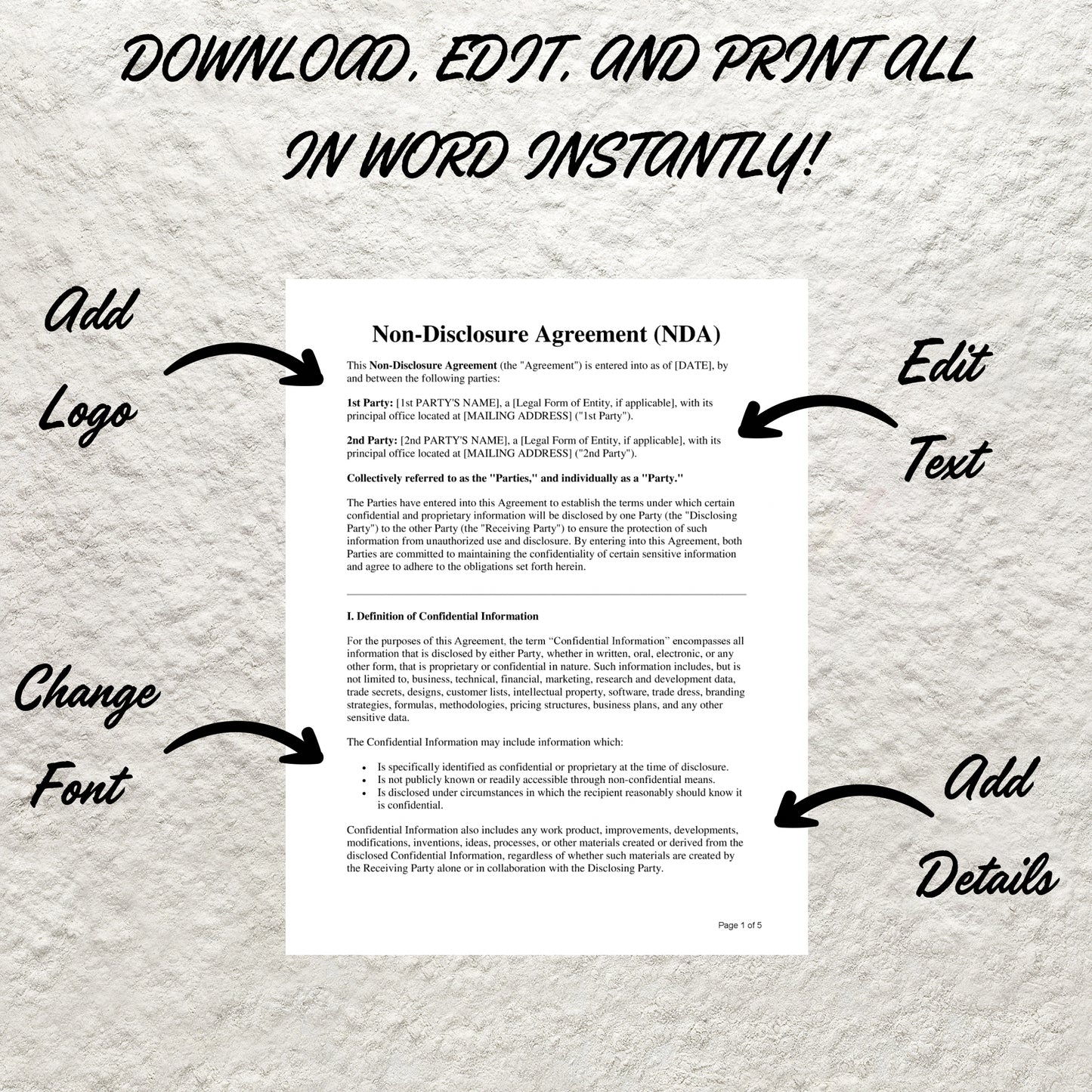 Non Disclosure Agreement Template Editable Confidentiality NDA Agreement Contract Simple Business Non Disclosure Confidentiality Agreement