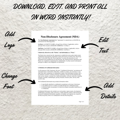 Non Disclosure Agreement Template Editable Confidentiality NDA Agreement Contract Simple Business Non Disclosure Confidentiality Agreement