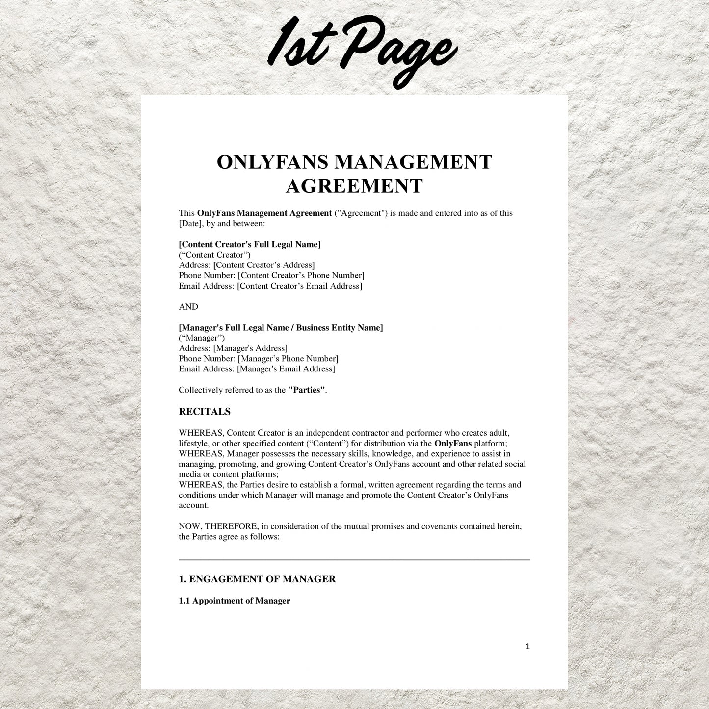 Onlyfans Management Contract Template Editable Onlyfans Management Agency Agreement Onlyfans Model Contract Content Creator Agreement Form