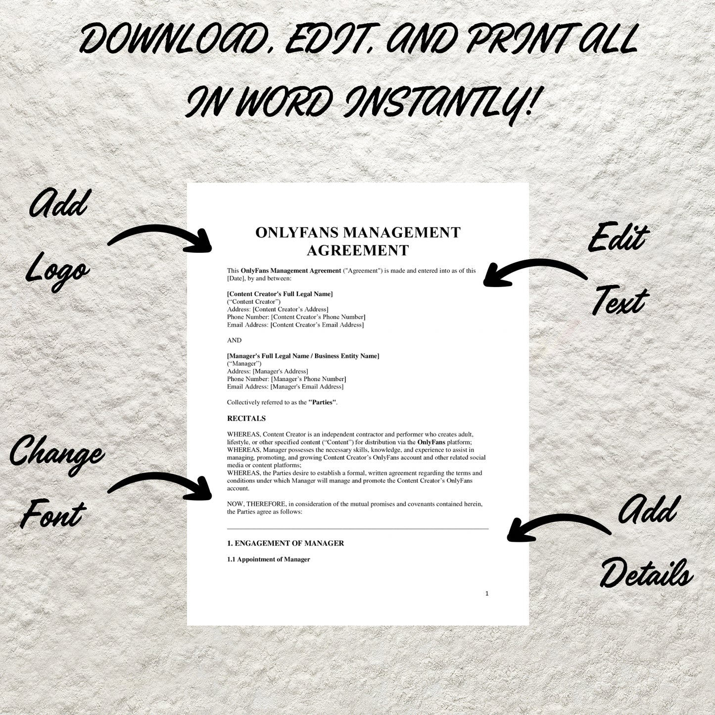 Onlyfans Management Contract Template Editable Onlyfans Management Agency Agreement Onlyfans Model Contract Content Creator Agreement Form