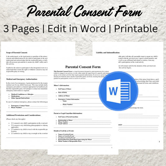 Parental Consent Form Template Editable Parental Liability Release Waiver Form Printable Parent Release Form Minor Consent Form Template