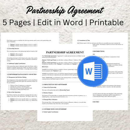 Partnership Agreement Template Editable Business Partnership Agreement Printable Partnership Contract Small Business Partnership Agreement